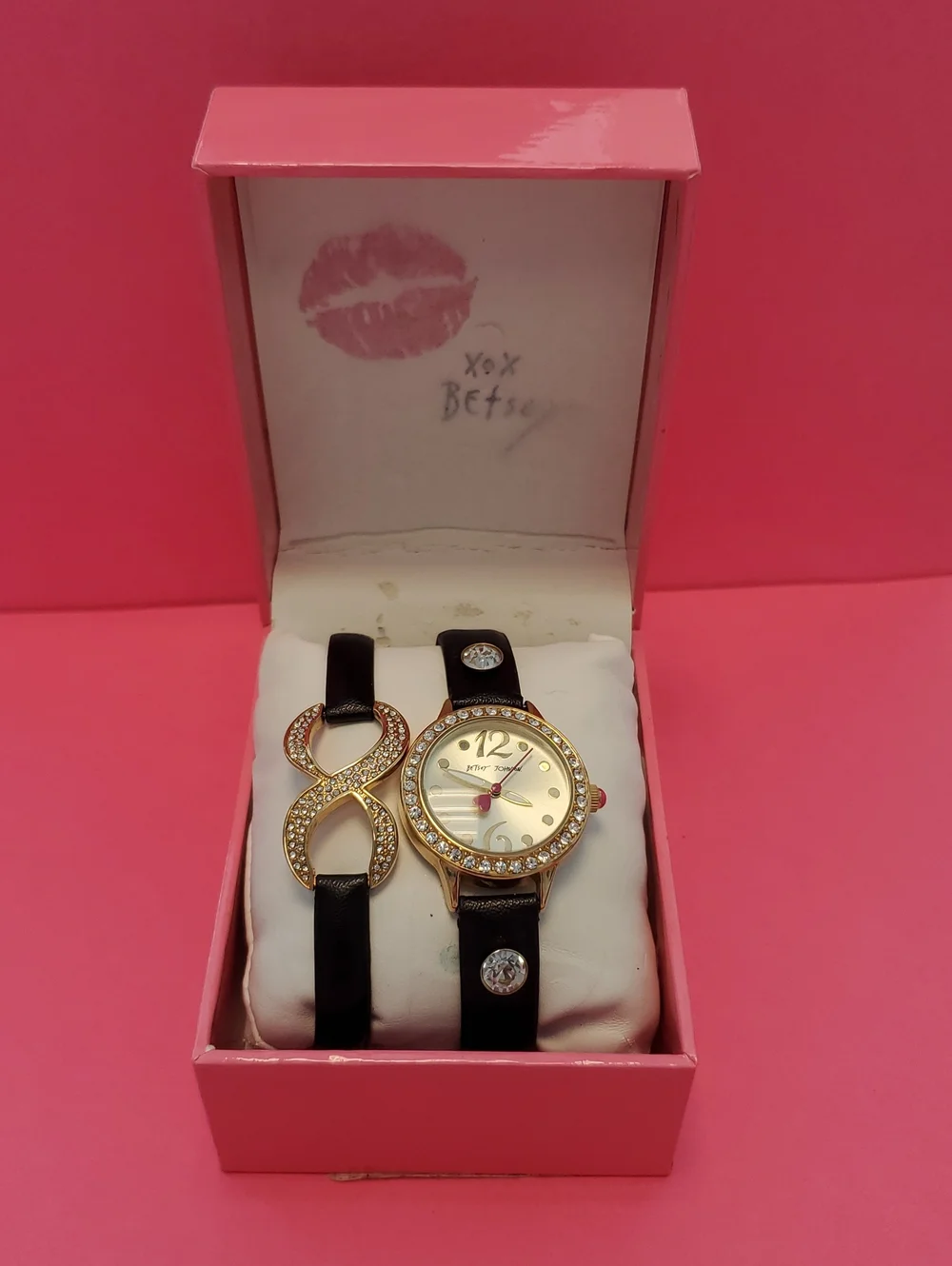 Betsey Johnson Black Strap Watch and Crystal-Accent Bracelet Set
